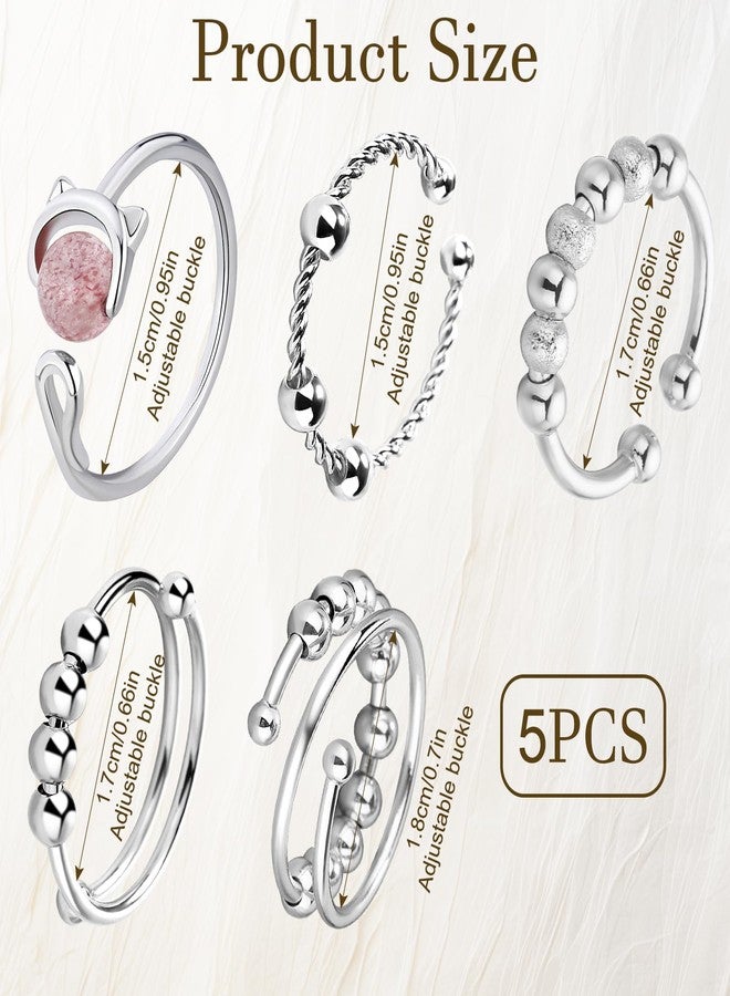 PQJSJDR 5 pac Adjustable Fidget Rings With Beads,Silver Stainless Steel Ring Anti Anxiety Ring Spinning,Anti-worry Bead Rings Spinner Ring,Fidget Ring for Women - Image 2